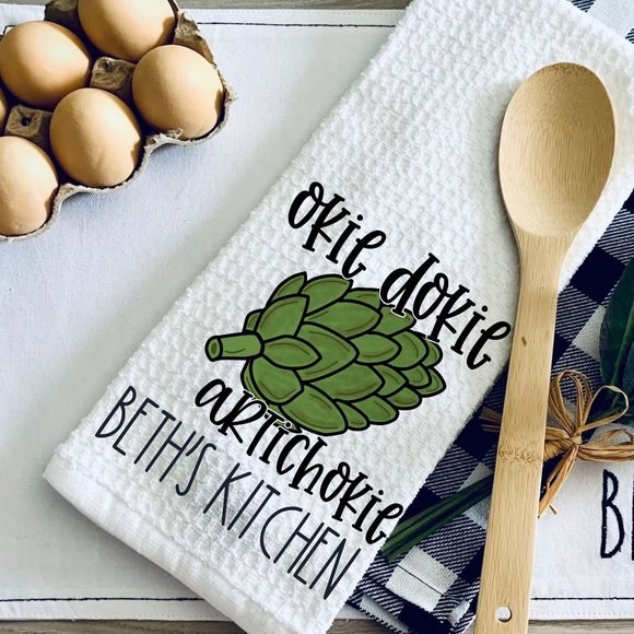 TEA TOWEL-OKIE DOKIE ARTICHOKIE PUN-FUNNY KITCHEN TOWEL-Per… - Picture 1 of 2